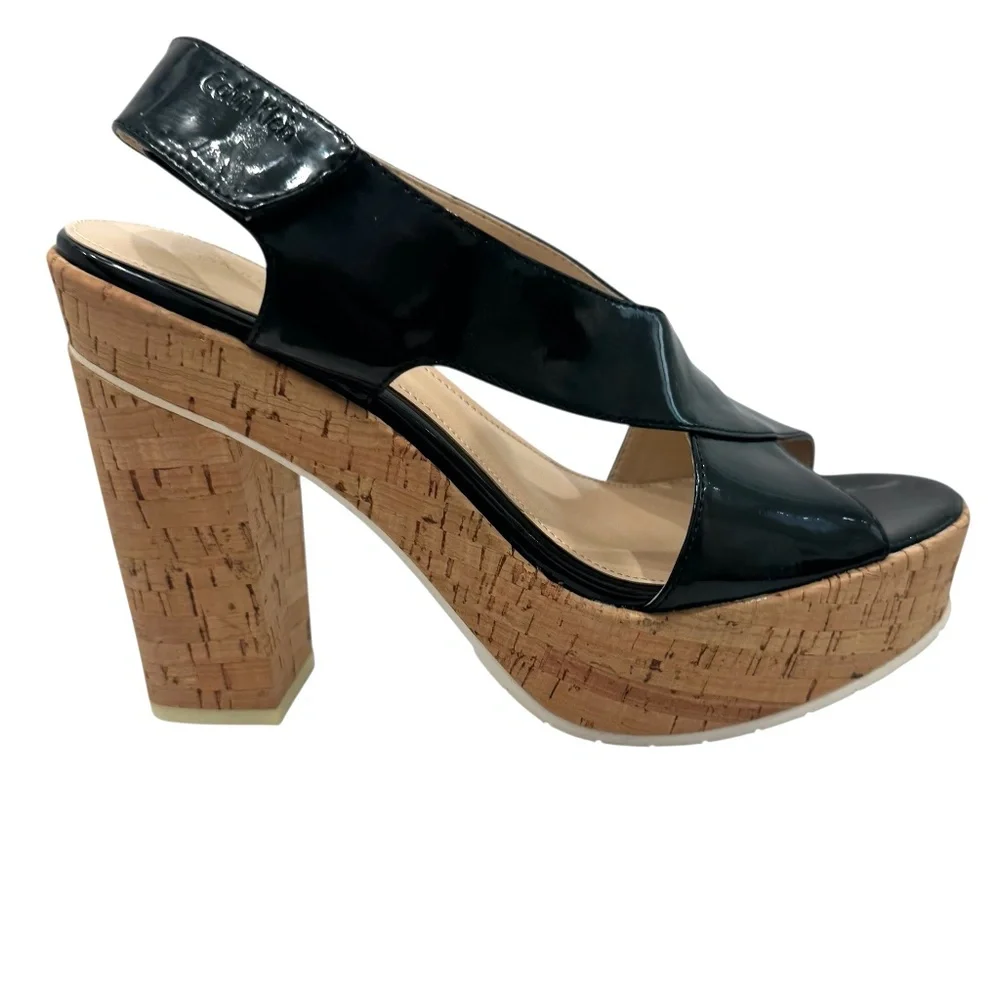 CALVIN KLEIN TAMRA BLACK PATENT & CORK PLATFORM HEELED SANDALS